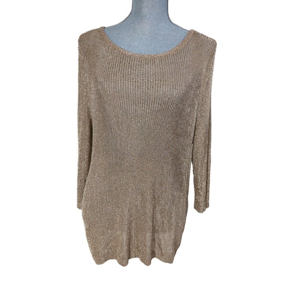 Chicos 2 Open‎ Shoulder Sweater Womens Large Gold Sparkly Metallic Stretch Knit